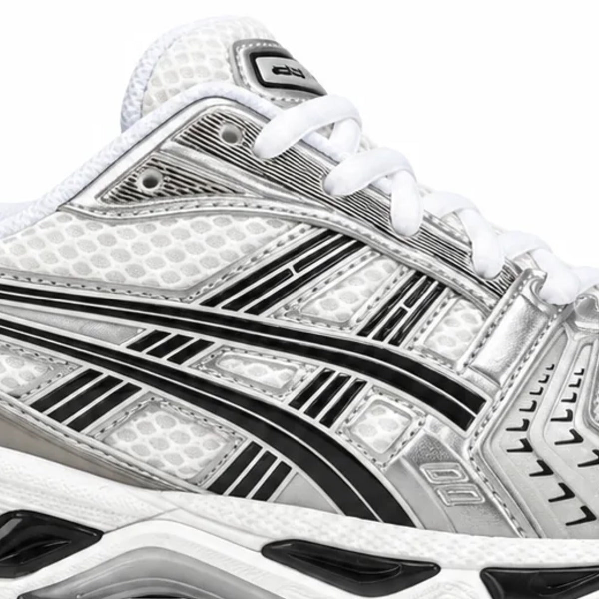 Asics Kayano 14 Prata e Preto - detalhe das listras
